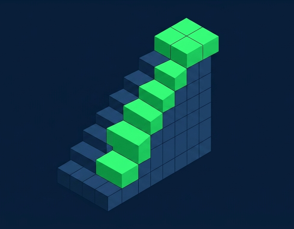 Ilustración isométrica de bloques en escalera ascendente, representando crecimiento por etapas
